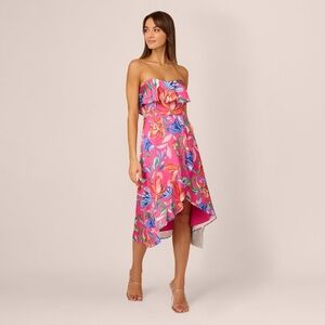 Adrianna Papell Tropical Floral Sateen Strapless Midi Dress With Ruffle Accent I